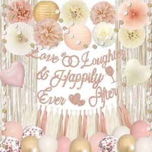 lot 43255 image: Champagne Gold Beige Boho Bridal Shower Decorations, Bachelorette Party Decorations Love Laughter Happily Ever After Banner Foil Balloons Paper Pompoms Fans Tassel Foil Curtain for Wedding Party Decor - Retail $16