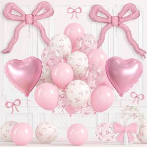 lot 43258 image: Pink Bow Balloons, Light Pastel Pink White Bow Print Balloons with 18 Inch Coquette Foil Bow heart Balloon for Girl Women Birthday Wedding Bridal Baby Shower Bachelorette Engagement Party Decorations - Retail $10
