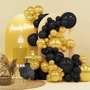 lot 43259 image: PartyWoo Black and Glod Balloons 140pcs Different Sizes of 18 12 10 5 Inch Black and Metallic gold Balloon Arch Kit for Birthday New Years Eve Graduation Bachelorette Retirement Party Decorations - Retail $10