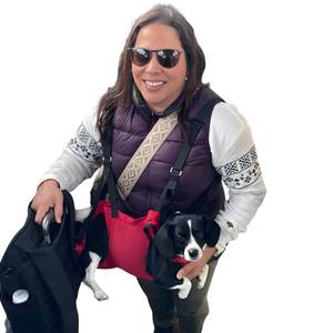 lot 43265 image: Fido Pro Airlift Ultra-Lite Dog Sling  Ultra-lite Sling Fits in Your Pocket & Bag  The solution for injury prevention and to assist Injured dogs  For Travel and Outdoor Adventures  Small(7-20 lbs) - Retail $65