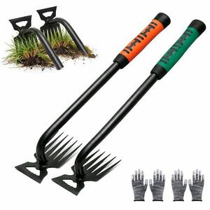 lot 43267 image: 2 Pack Weeding Tools, 6-Tooth Manganese Steel Manual Weeder & Digging Tool with Ergonomic Rubber Grip, Multi-Functional Gardening Hand Tools for Removing Dandelions, Thistles & Yard Weeds - Retail $10