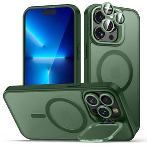 lot 43284 image: TOBOVON for iPhone 13 Pro Max Case, Compatible with MagSafe, 3-in-1 Camera Ring Stand, with 9H Camera Lens Cover, Non-Slip Translucent Matte Military-Grade Drop Protection Magnetic Case, Green - Retail $15