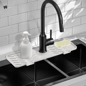 lot 43305 image: Meiliweser Silicone Faucet Mat for Kitchen Sink Gen 3 10° Slope Splash Guard with Cuttable Hole 14 x 5.5 Drip Catcher & Sponge Holder for Kitchen, Bathroom (White) - Retail $14