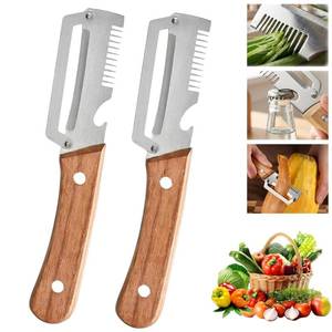 lot 43325 image: 2 PCS Multi-Functional Kitchen Peeler, Professional Kitchen Tool for Chefs Fruit, 3 in 1 Multi Functional Wooden Handle Peeler and Bottle Opener, Kitchen Gadgets for Potato, Carrot, Pumpkin, Apple - Retail $13