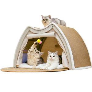 lot 60548 image: Cat Houses for Indoor Cats - 4 Seasons Cat Bed Cave with Natural Sisal Cat Scratcher Mat, Solid Wood Frame Cat House with Curtains and Cat Floor Scratching Pad Rug, Protect Couch and Carpets, M - Retail $55