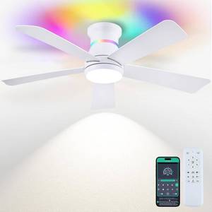 lot 60551 image: Surtime 46 White Ceiling Fans with RGB Lights - Flush Mount Ceiling Fan Light with LED 3CCT Dimmable, Modern Low Profile Ceiling Fans for Indoor Party,Covered Outdoor - Retail $53