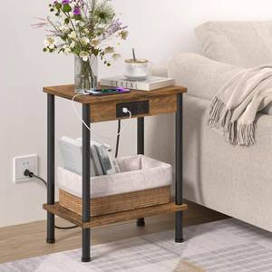 lot 60556 image: YUFAM End Table with Charging Station,Small Side Table,2-Tier Nightstand with Storage Shelf,Sofa Bedside Table for Small Spaces in Living Room,Bedroom,Office,Easy Assembly,Rustic Brown - Retail $31