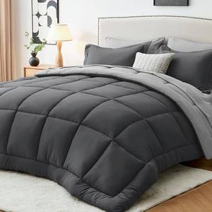 lot 60558 image: Sasttie King Size Comforter Set, 7 Pieces Bed in a Bag King, Complete Bedding Set Includes Comforter, Flat Sheet, Fitted Sheet, Pillowcases and Pillow Shams, Dark Grey & Light Grey