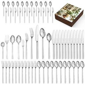 lot 60563 image: KINGSTONE Silverware Sets with Serving Utensils, 65 Piece Flatware Set for 12 with Gift Box - Retail $100