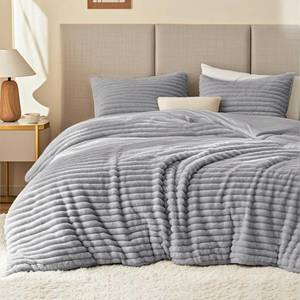 lot 60568 image: EXQ Home Fluffy Comforter Set King Size - Super Soft Faux Fur Stripe Jacquard Comforter 3 Pieces, Light Gray Fleece Bedding Set,Winter Warm Bed Set,1 Comforter with 2 Pillowcases - Retail $53