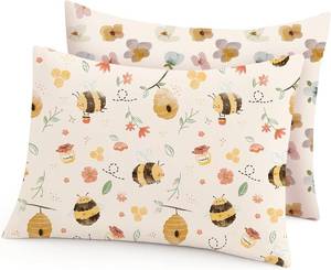 lot 10316 image: Toddler Pillowcases 2 Pack for 13x18 Pillow with Envelope Closure, Pillow Case Covers for Boys & Girls, Soft, Breathable, and Stretchy (Bee Happy)