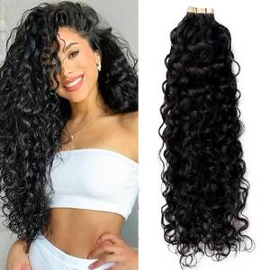 lot 17241 image: Black Tape in Hair Extensions Human Hair Water Wave 24 Inch Natural Black Hair Extensions Real Remy Human Hair Tape ins for Women 50gpack 20pcs Invisible Tape in Extension