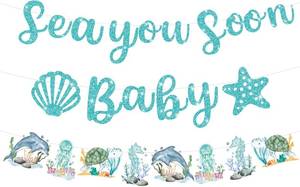 lot 17243 image: Sea You Soon Baby Banners Under The Sea Baby Shower Garlands for Boy Girl Blue Ocean Themed Decorations Supplies for Pregnancy Celebration Newborn Party Gender Reveal Party Birthday