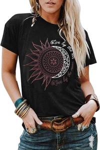 lot 17246 image: YEXIPO Womens Large Graphic Tees Short Sleeve Summer Tops Funny Letter Print Crew Neck Casual Loose Cute T Shirts Black Solar Lunar Sun Moon Astrology