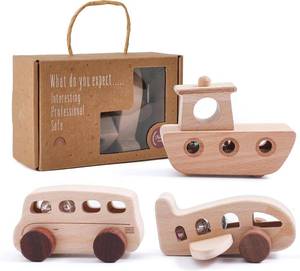 lot 17252 image: Wooden Cars for Toddlers 1-3, Wooden Vehicles Baby Cars Set with Bus, Airplane and Boat, Montessori Rattle Toys with Rolling Beads, Ideal for Boys and Girls