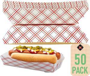 lot 17259 image: Mr Miracle 7 Inch Paper Hot Dog Tray in Red White Pattern. Pack of 50. Disposable, Recyclable and Fully Biodegradable. Made in USA