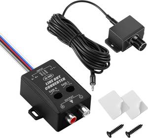 lot 17275 image: Car Audio Line Output Converter, Includes 3.5mm Jack Port Universal Bass Knob & 2 Channel High to Low Audio Signal Adapter for Adding Amplifier or Subwoofer to Factory Stereo