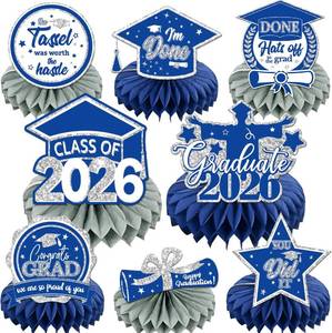 lot 17280 image: 8 PCS Blue Silver Graduation Party Decorations Class of 2026 Blue Congrats Grad Honeycomb Centerpieces Congratulate Graduation Table Toppers for Graduation Party Supplies
