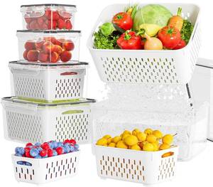 lot 17284 image: KEMETHY 5 Pack Fruit Storage Containers for Fridge with Removable Colanders - Food Storage Containers with Lids, BPA-Free Produce Containers Keep Fruits, Vegetables, Berry, Meat Fresh Longer