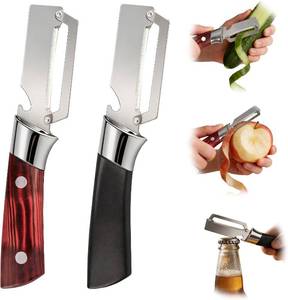 lot 17289 image: Multifunctional Vegetable Peeler, 2 in 1 Stainless Steel Fruit Veggie Peeler, Handheld Potato Peeler Knife with Bottle Opener Kitchen Tool for Peeling Carrrot Pineapple Pumpkin Papaya(2 Pack)