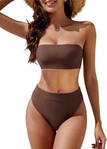 lot 17295 image: YACUN Womens High Waisted Bikini Swimsuit Two Piece Strapless Bandeau Cheeky Bathing Suits Coffee Brown Size Medium