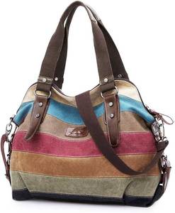 lot 17297 image: Canvas Handbag Multi-Color Striped Lattice Cross Body Shoulder Purse Bag Tote-Handbag for Women  Striped