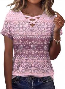lot 17304 image: Rapbin Short Sleeve Shirts for Women Spring Tops for Women 2026 V Neck Criss Cross Tees Womens Summer Tops Pink Purple Medium
