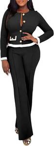 lot 17503 image: CHICME Womens 2 Piece Business Casual Outfits 2026 Contrast Trim Button Top Elastic High Waist Pants Set Elegant Workwear Size XL