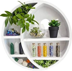 lot 17505 image: Ella & Emma 5-Shelf Pine Wooden Crescent Moon Crystal Shelf - Bohemian Style, Wall Mount, Bedroom, Living Room, Office