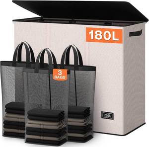 lot 17515 image: SOLEDI 180L 3-Section Laundry Hamper with Lid, Extra Large Dirty Clothes Basket with Sturdy Handles for Laundry Room & Bedroom - Durable Organizer for Sorting Laundry (Liners Not Included)