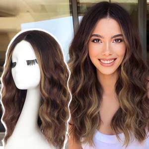 lot 17517 image: AISI HAIR 18 inch Highlights Brown Wig for Women Medium Length Wave Curly Glueless Synthetic Heat Resistant Hair Wigs for Daily Party Cosplay