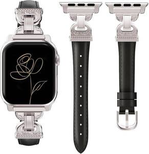 lot 17528 image: Slim Leather Band Compatible with Apple Watch Bands Women 38404142mm Dressy Thin Leather Strap with Designer Interlock Buckle for iWatch Series 109SE87654321, BlackStarlight