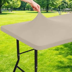 lot 17538 image: Moosfor Spandex 5 Foot Rectangle Table Cloth, Elastic Fitted Tablecloths for Picnic, Stretch Washable Patio Table Cover for Outdoor, Camping, Banquet and Parties (Taupe, 36x60)