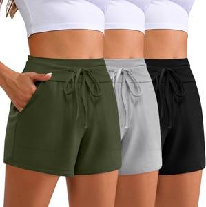 lot 17565 image: Locoowai 3 Pack Womens Drawstring Sweat Casual Summer Workout Athletic Gym Lounge Shorts with Pockets Colors Gray, Black, and Pink Size Large - Colors Differ from Stock Photo