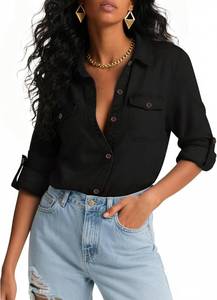 lot 17584 image: Denim Shirts Women Chambray Blouse Long Sleeve Button Down Jean Shirt Lightweight Blouses Western Work Tops with Pockets Size Large