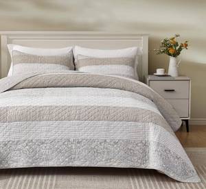 lot 17592 image: Chezmoi Collection Robyn 2-Piece Gray Taupe White Floral Hibiscus Flower Patchwork Striped Quilt Set - Pre-Washed Soft Lightweight Reversible Cotton Bedspread Coverlet for All Season, Twin Size