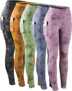lot 17599 image: CHRLEISURE Leggings with Pockets for Women, High Waisted Tummy Control Workout Yoga Pants, Size Large - ORANGE GREEN DARK BLUE PAIRS ONLY