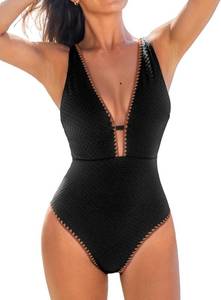 lot 17726 image: CUPSHE Womens One Piece Swimsuit Tummy Control V Neck Cutout Bathing Suit Crisscross Back Textured Cheeky Bottom Size Large