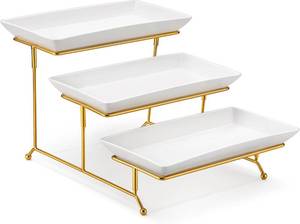lot 17733 image: MALACASA 3 Tier Serving Trays for Party, 12 Inch Porcelain White Trays for Serving Food, Dessert Stand with Collapsible Gold Metal Rack