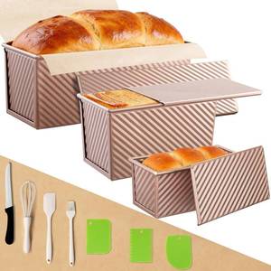 lot 17737 image: 3 Pack Pullman Loaf Pan with Lids, Non-Stick Bread Loaf Pan, Heavy Duty Carbon Steel Corrugated Toast Box for Baking, Square Bread Pans for Homemade Sandwich, Bakeware (Rose Gold)