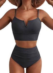lot 17744 image: Herseas Womens High Waisted Bikini Set 2 Piece Full Coverage Swimsuits Longline V Neck Bathing Suit Teen Girls 2026 Fashion Swimming Wear Dark Grey Medium