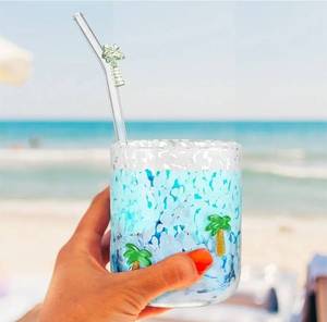 Hawaii Icon Juice Glass Cup - Icon Glass Cup with 1 Straw 14 oz Double Old Fashioned Cute Pattern Glassware for Tea, Water, Milk, Coffee, Parties Gifts - Retail: $12