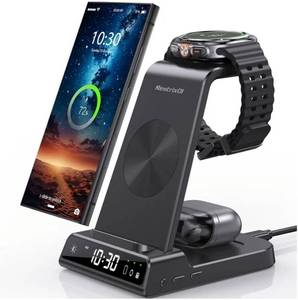 lot 63287 image: Wireless Charger for Samsung Charging Station 3 in 1 Android Charging Stand with Dimmable Clock - Nightstand Organizer for Galaxy S25 Ultra, Galaxy Watch 8 7 6 5 4, Galaxy Buds (Not for iWatch), missing cable - Retail $40