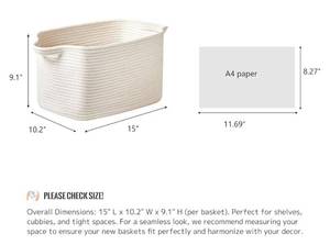lot 63295 image: Cotton Rope Basket Set of 2 (15x10.2x9.1) - Rectangle Storage Bins - Versatile Toy Storage Organizer - Perfect for Kids, Dog Toys, Books, Shelves - White - Retail $26