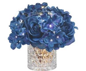lot 63306 image: Rose Silk Flower Arrangement Artificial Vivid Rose in Glass Vase with LED Light Elegant Centerpiece for Home Wedding Bathroom Table Shelf Decoration (Navy Blue) - Retail $17