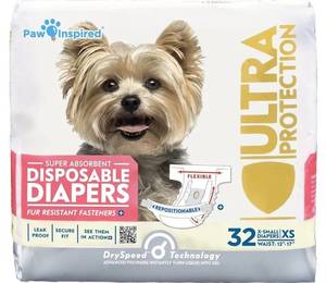 lot 63308 image: Paw Inspired 32ct Disposable Dog Diapers  Female Dog Diapers Ultra Protection  Diapers for Dogs in Heat, Excitable Urination, or Incontinence (X-Small) - Retail $17
