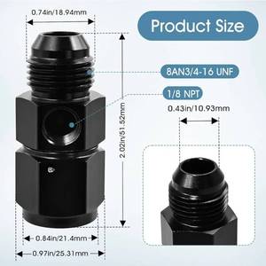lot 63312 image: Gauge Port Fuel Pressure Take off Fitting Adapter Aluminum with 8AN Male with 18 NPT Gauge Port Hose Adapters Aluminum Black (AN8-AN8-M-18) - Retail $7