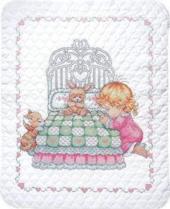 lot 63330 image: Tobin Bedtime Prayer Girl Quilt Stamped Cross Stitch Kit, 36 by 43-Inch,White - Retail $44
