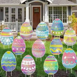 lot 63331 image: 12-Piece Glitter Easter Yard Signs, Extra Large Sparkling Garden Egg Stakes, Waterproof Laser Printed Outdoor Decor for Easter Sidewalk - Retail $18