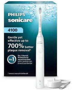 lot 63341 image: Philips Sonicare 4100 Series Electric Toothbrush - Sonic Toothbrush with Advanced Sonic Technology, Pressure Sensor, Two Intensity Settings, Smartimer & Quadpacer, White, Model HX368123 - Retail $50